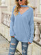 Fashion Solid Color V-neck Long Sleeve Plus Size Sweater for Women - Blue