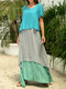 Contrast Color Layered Two Pieces Short Sleeve Maxi Dress For Women - Blue