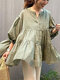 Solid Loose Button Stitch 3/4 Lantern Sleeve Blouse Women - Army Green