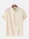 Mens Solid Color Cotton Linen Stand Collar Loose Casual Short Sleeve Shirts - Apricot