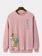Mens Cute Cat Japanese Print Daily Pullover Sweatshirts - Pink