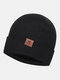 Men & Women Plus Thicken Warm Ear Protection Flanging Leather Label Decoration Knitted Hat Brimless Beanie - Black