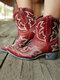 Women Folkways Floral Embroidered Chunky Heel Slip-On Short Cowboy Boots - Red