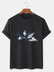 Mens Astronaut Whale Print Crew Neck Short Sleeve Cotton T-Shirts - Black