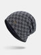 Men Knitted Plus Velvet Lattice Jacquard Letter Iron Label Brimless Beanie Hat - Navy