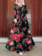 Women Rose Print Tiered Design Muslim Long Sleeve Maxi Dress - Black