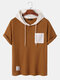 Mens Contrast Pocket Half Button Knitted Short Sleeve Hooded T-Shirts - Brown