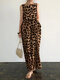 Sleeveless Pocket Leopard Print Round Neck Maxi Dress - Coffee