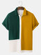 Mens Tricolor Knitted Lapel Short Sleeve Regular Hem Shirt - Yellow