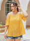 Plus Size Cold Shoulder Calico Tie-up Design Half Sleeves Blouse - Yellow