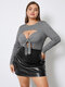 Plus Size Crew Neck Cut Out Tie-up Design Tee - Gray