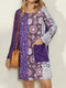 Vintage Floral Print Pocket Long Sleeve Casual Dress for Women - Dark purple