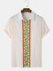 Mens Ethnic Pattern Color Block Lapel Short Sleeve Shirt - White