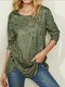 Plants Print O-neck Long Sleeve Irregular Hem T-Shirt For Women - Green