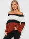 Contrast Color Off-shoulder Long Sleeve Sweater For Women - Brown