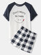 Mens Smile Cartoon Bear Print Rib Raglan Sleeve Short Pajamas Sets With Plaid Shorts - Blue