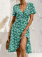 Floral Print Tie V-neck Short Sleeve Dress For Women - Green