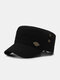 Men Cotton Solid Color Patchwork Letter Shield Iron Label Breathable Sunshade Military Cap Flat Cap - Black
