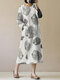 Casual Print O-neck Long Sleeves Split Hem Dress For Women - White