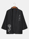 Mens Monochrome Rose Japanese Print Open Front 3/4 Sleeve Kimono - Black