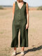 Solid Button V Neck Sleeveless Casual Cotton Jumpsuit - Army Green