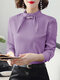 Solid Color Pearl Knotted Collar Long Sleeve Elegant Shirt - Purple