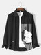 Mens Figure Pattern Print Applique Button Up Casual Long Sleeve Shirts - Black