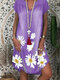 Flower Print Short Sleeve V-neck Denim Casual Dress For Women - Purple