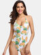 Mulheres Banana Impressão Swimwear Tropical Sexy Spaghetti Straps Criss-Cross Backless One Peça - Amarelo