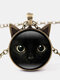Vintage Black Cat Face Printed Women Necklace Cat Ear Pendant Sweater Chain - Bronze