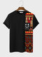 Mens Smile Ethnic Geometric Print Patchwork Short Sleeve T-Shirts - Black