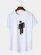 Mens Figure Pattern Curved Hem Cotton Short Sleeve T-Shirts - White