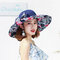 Women Fashion Printing Cap Satin Cotton Long Brim Hat Outdoor Travel Beach Sun Cap - DarkBlue
