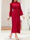 Solid Color Bell Long Sleeve Ruffle Knotted Chiffon Maxi Dress - Wine Red