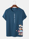 Mens Japanese Cartoon Cat Printed Crew Neck Short Sleeve T-Shirt - Blue