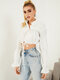 Solid Tie Front Stand Collar Long Sleeve Women Crop Top - White