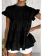 Solid Ruffle Short Sleeve Casual Blouse - Black