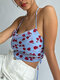 Floral Print Open Back Halter Back Tie Knotted Sexy Cami - Blue