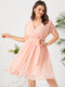 Plus Size V-neck Lace Short Sleeves Midi Dress - Pink