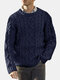 Mens Plain Pure Color Cable Knit Crew Neck Casual Pullover Sweaters - Navy