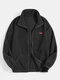 Mens Letter Embroidered Polar Fleece Zip Front Warm Elastic Cuff Jackets - Black