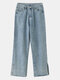 Solid Split Pocket Zip Front Loose Denim Jeans For Women - Light Blue