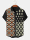 Camicie da uomo a maniche corte con risvolto patchwork con stampa vegetale geometrica etnica - Nero