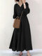 Solid Button Elastic Waist V Neck Casual Maxi Dress - Black