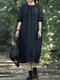 Solid 3/4 Sleeve O-neck Pocket Loose Vintage Dress for Women - Navy