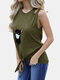 Cartoon Cat Printed Sleeveless Women Casual Tank Tops - Green