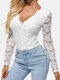 Solid Color Lace Patchwork V-neck Long Sleeve Blouse For Women - White