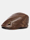 Men's Solid Artificia Leather Letters Embroidery Sewing Thread Casual Warmth Newsboy Cap Beret Flat Cap - Coffee