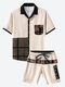Mens Japanese Geometric Pattern Patchwork Revere Collar Two Pieces Outfits - Apricot