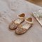 Girls Sequined Pearls Decor Hook Loop Shining Princess Flat Shoes - Gold